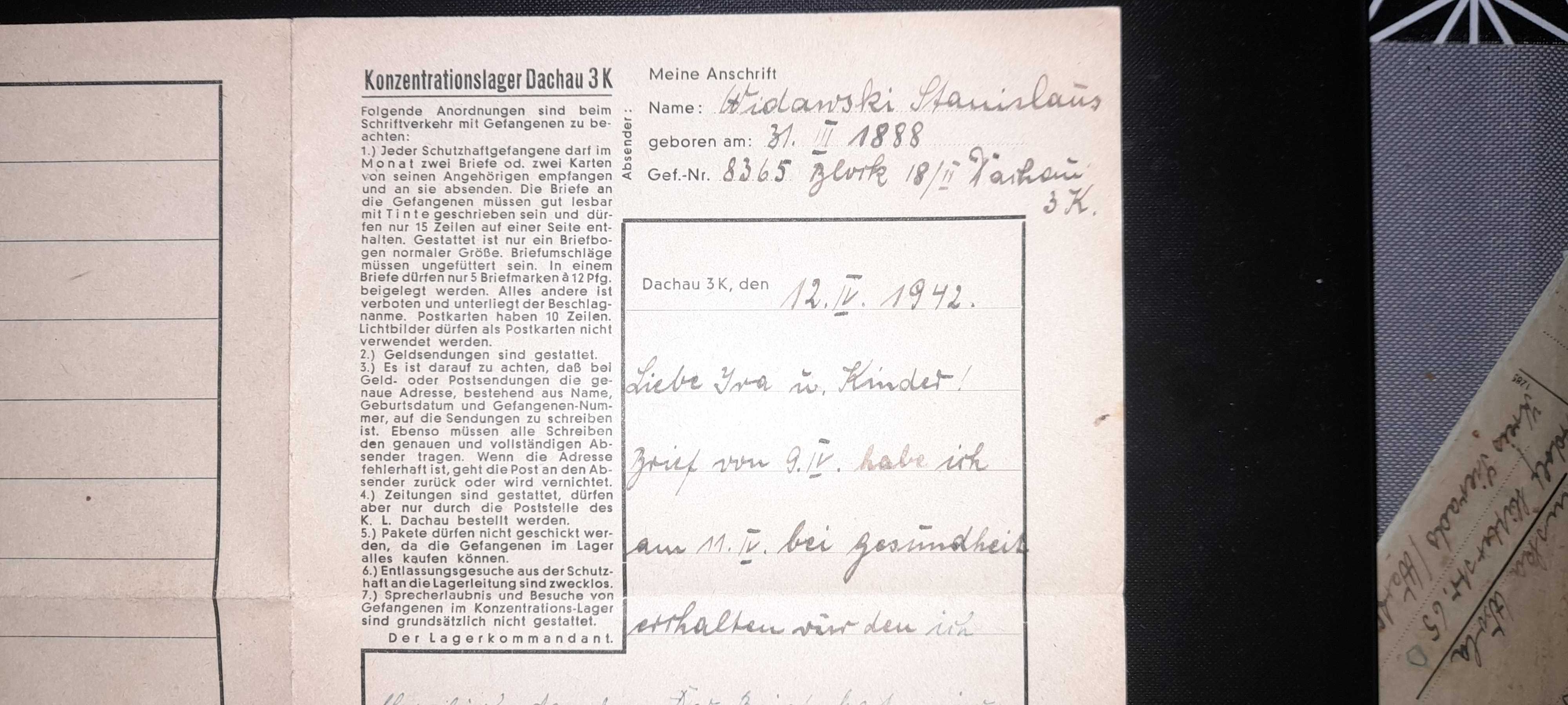 list obóz koncentracyjny KL Dachau 1942r rzadkość, II WS, rzesza