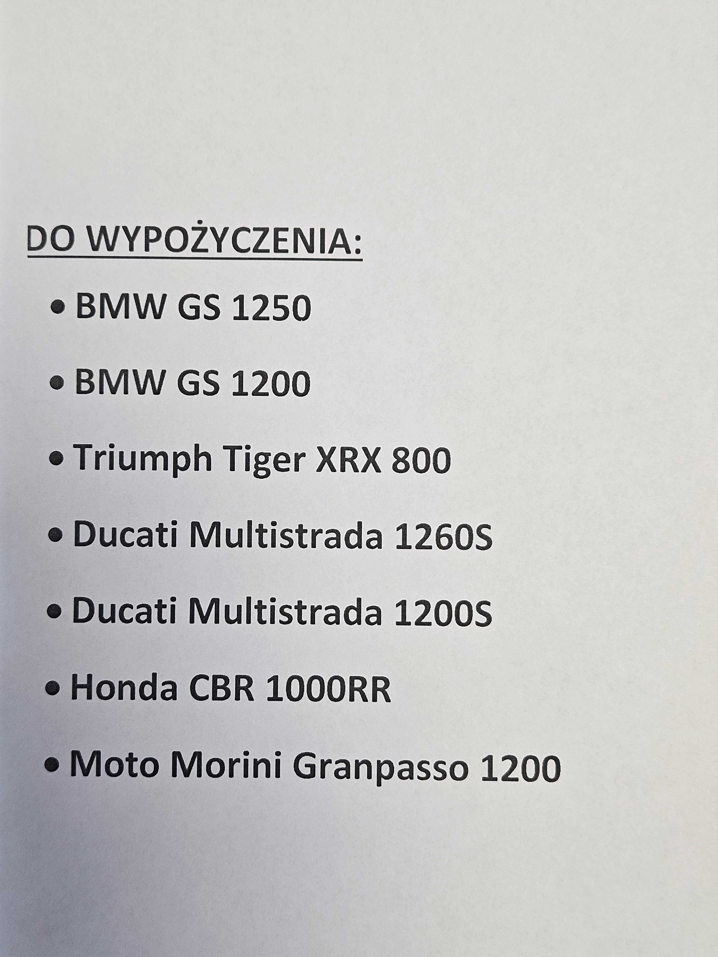 Wynajem wypożyczalnia motocykli BMW GS Ducati Multistrada 1260 Triumph