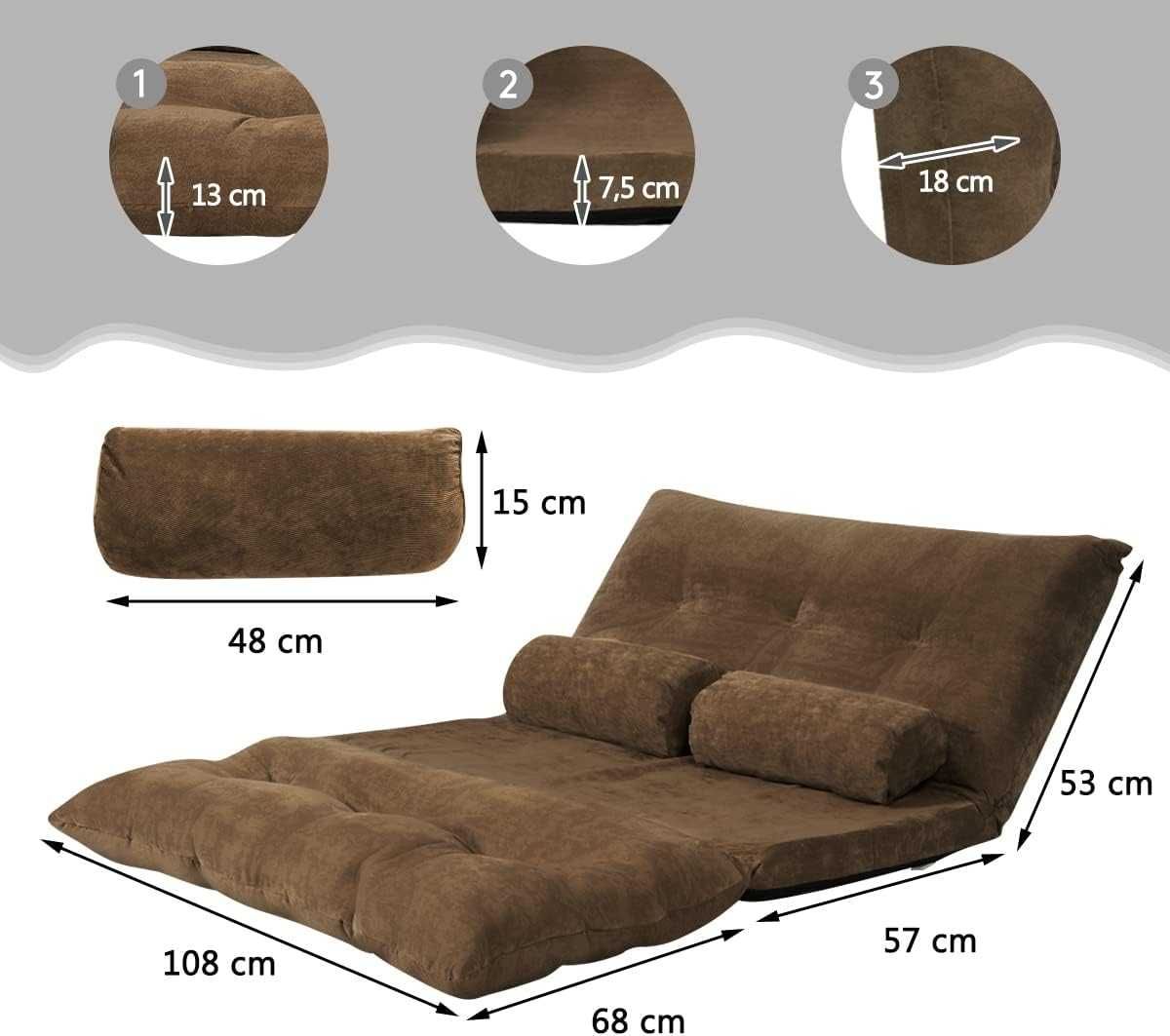 COSTWAY Sofa,krzesło podłogowa z 2 poduszkami, składana.