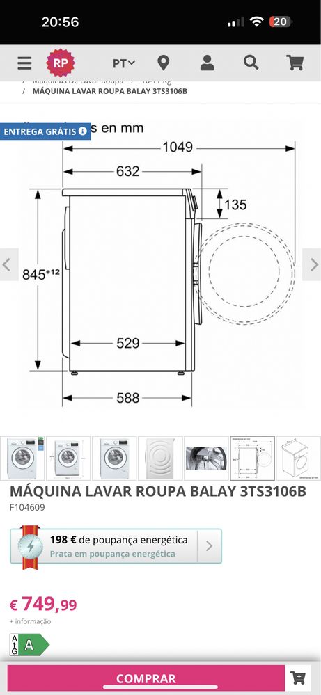 MÁQUINA LAVAR ROUPA BALAY 10kg 1400rpm  3TS3106B ( NOVA)