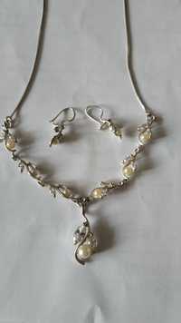 Biżuteria ślubna wieczorowa srebro 925 kolia kolczyki cyrkonie perły