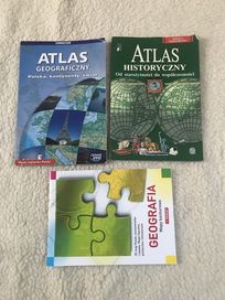Zestaw atlas geograficzny, historyczny + mapy konturowe, książki