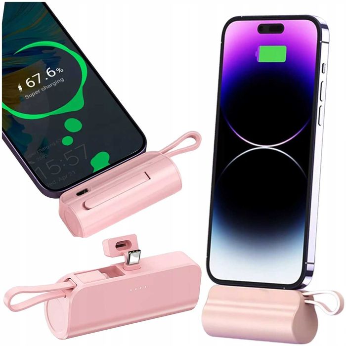 Nowy PowerBank 5000mAh 10.5W Mały Power Bank USB-C +Lightning Różowy