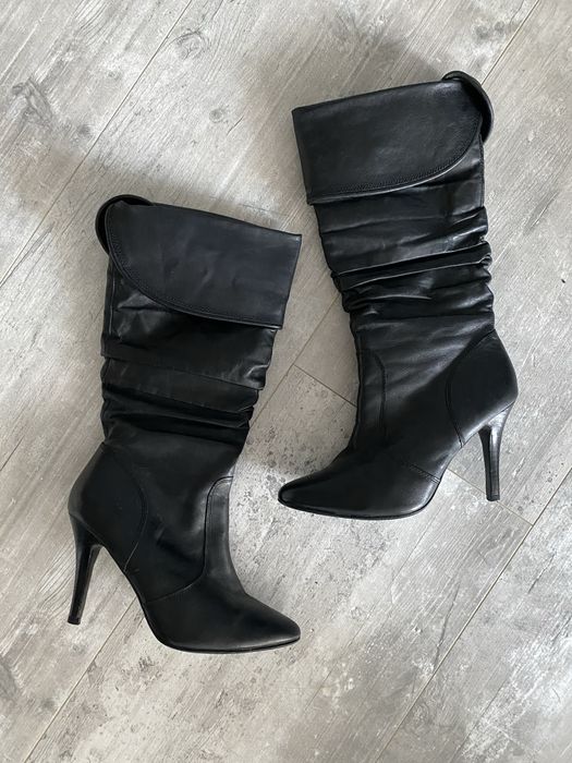 Kozaki damskie przed kolsno marszczona cholewka szpilka 38 czarne