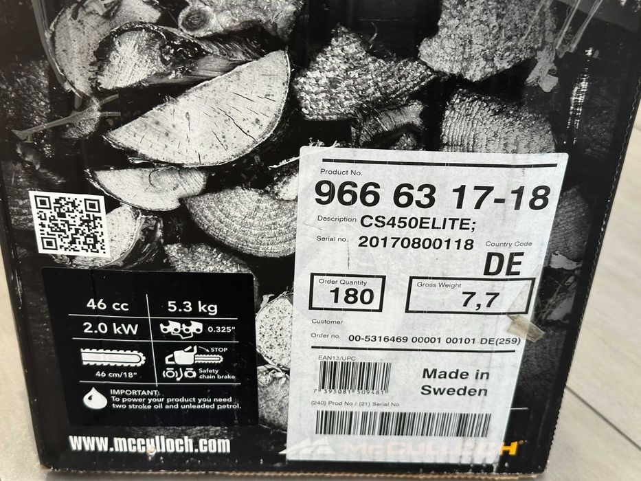 MCCULLOCH CS450 ELITE Piła Spalinowa Łańcuchowa 2.7KM 45CM / RATY