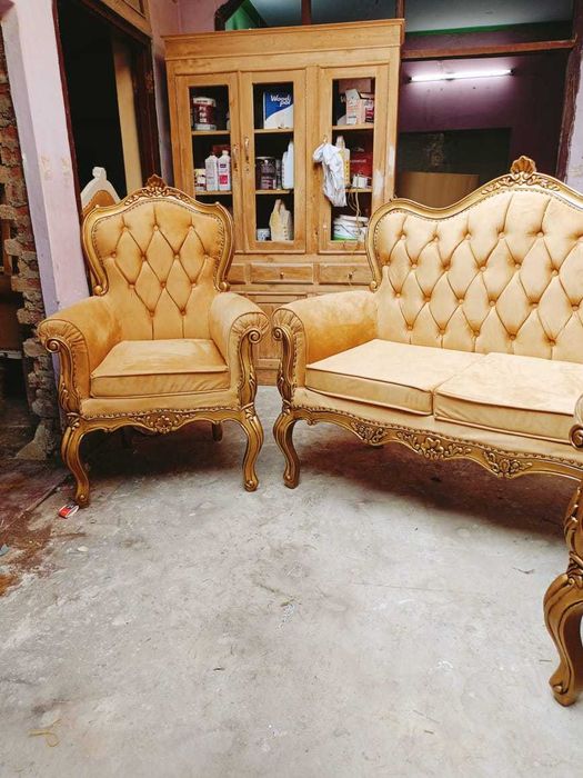 Nowy komplet wypoczynek kanapa z fotelami włoski styl drewno tekowe