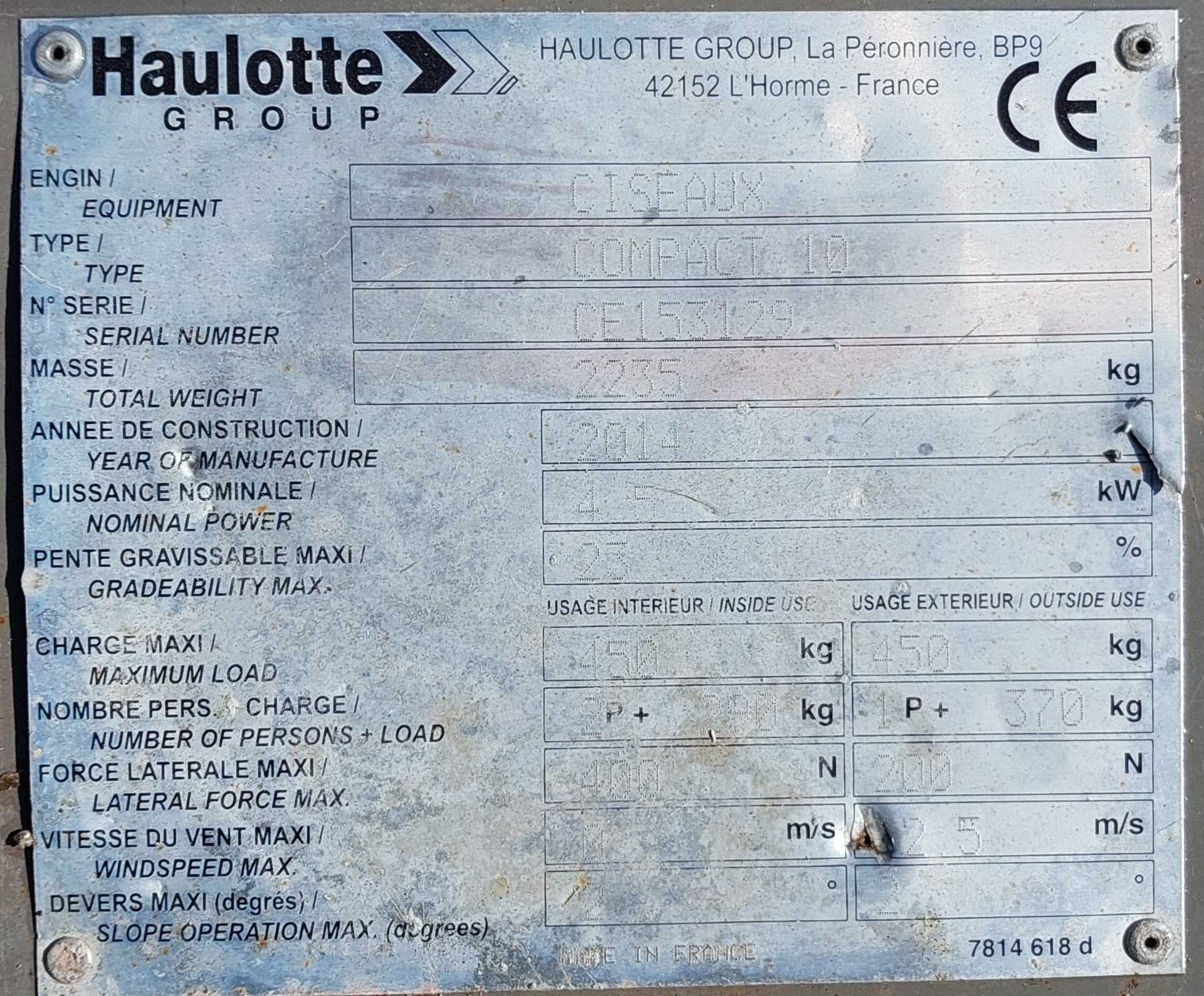 Haluotte Compact 10  2014r. Podnośnik nożycowy / podest ruchomy