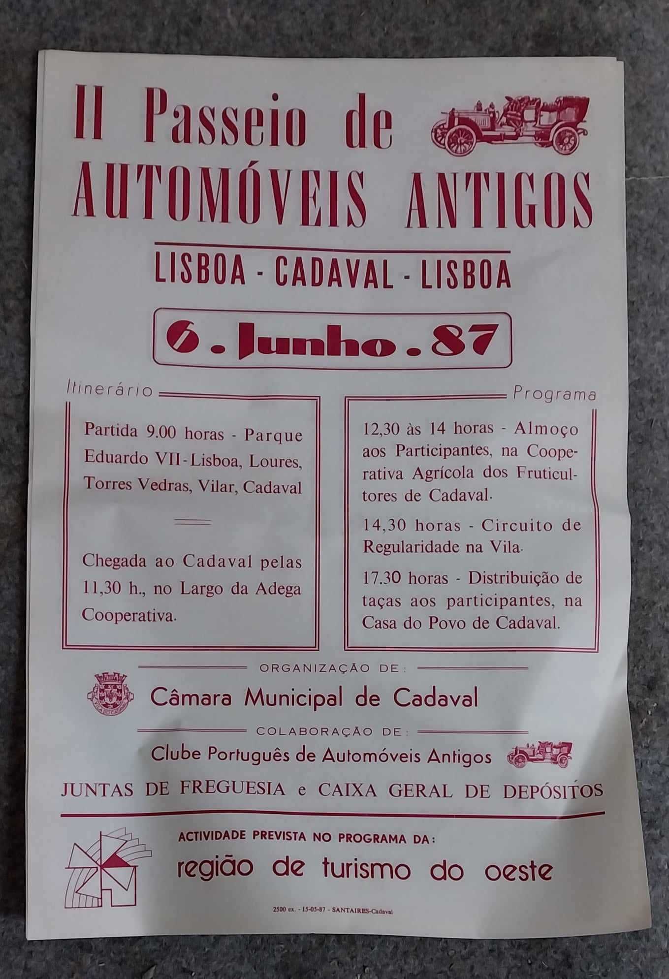 Antigo Cartaz de Coleção "Passeio de Automóveis Antigos-CADAVAL 1987"