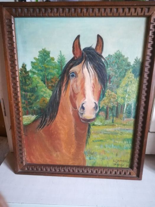 Piękny stary wyjątkowy obraz Konia na płótnie ręcznie malowany 41x50