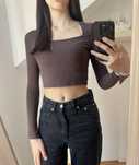 Brązowy damski crop top krótka bluzka z długim rękawem XS 34 Shein