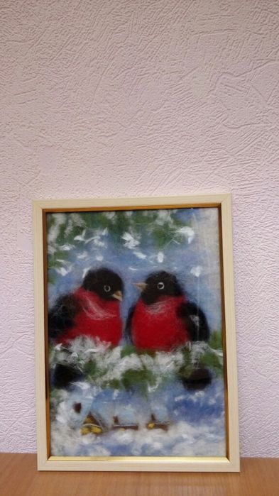 Картина из шерсти. Зимний пейзаж. Подарок на Новый год. Снегири