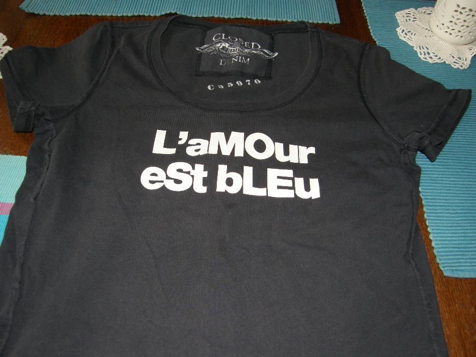 T-shirt granatowy damski, Denim, francuski nadruk, L'amour Est Bleu