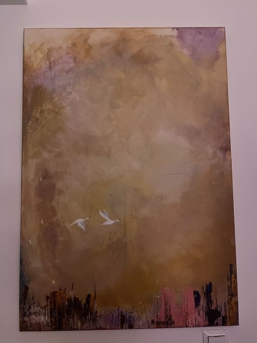 Obraz japandi duzy ptaki lekki piekny kolory ziemi na plotnie