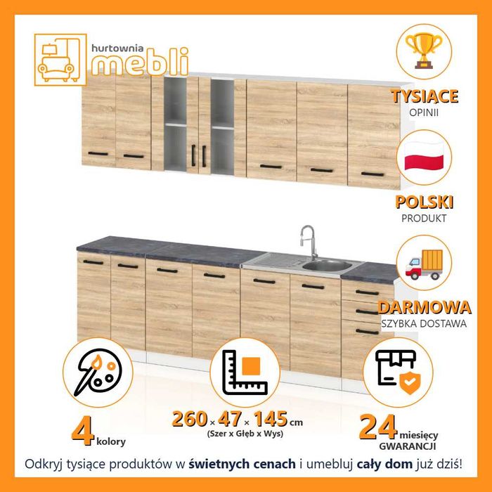 Meble Kuchnne Nowoczesne Jowita 2.6m Modułowe Szafki Z Blatem Sonoma