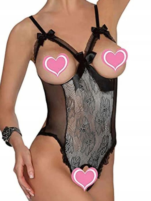 Koronkowe body otwarte krocze biust Walentynki czarno-srebrny
