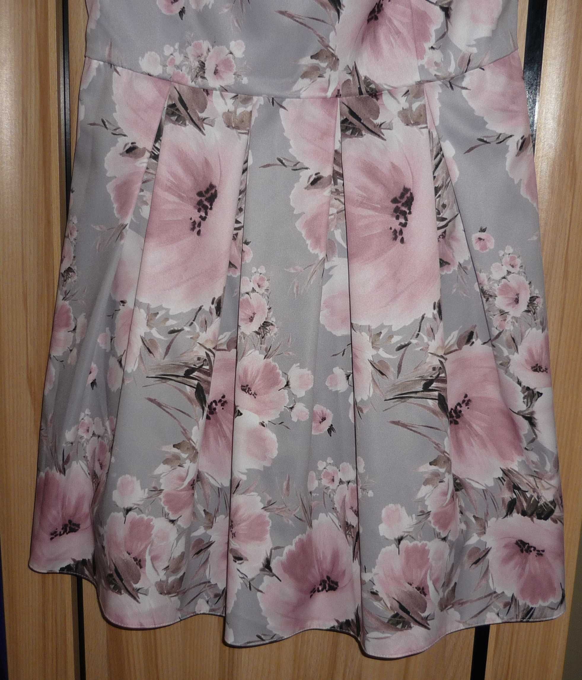 Szara rozkloszowana sukienka w kwiaty roz. 40 L Urszula Szyk