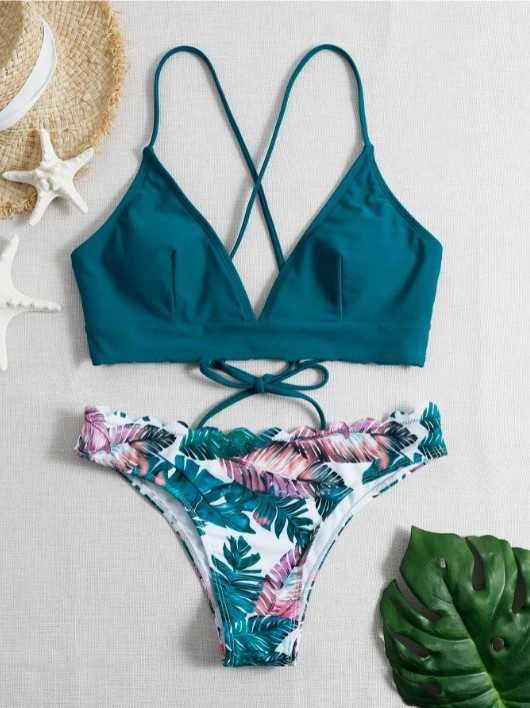 SHEIN Strój kąpielowy 36 S plażowy Top Bikini Liście tropikalne