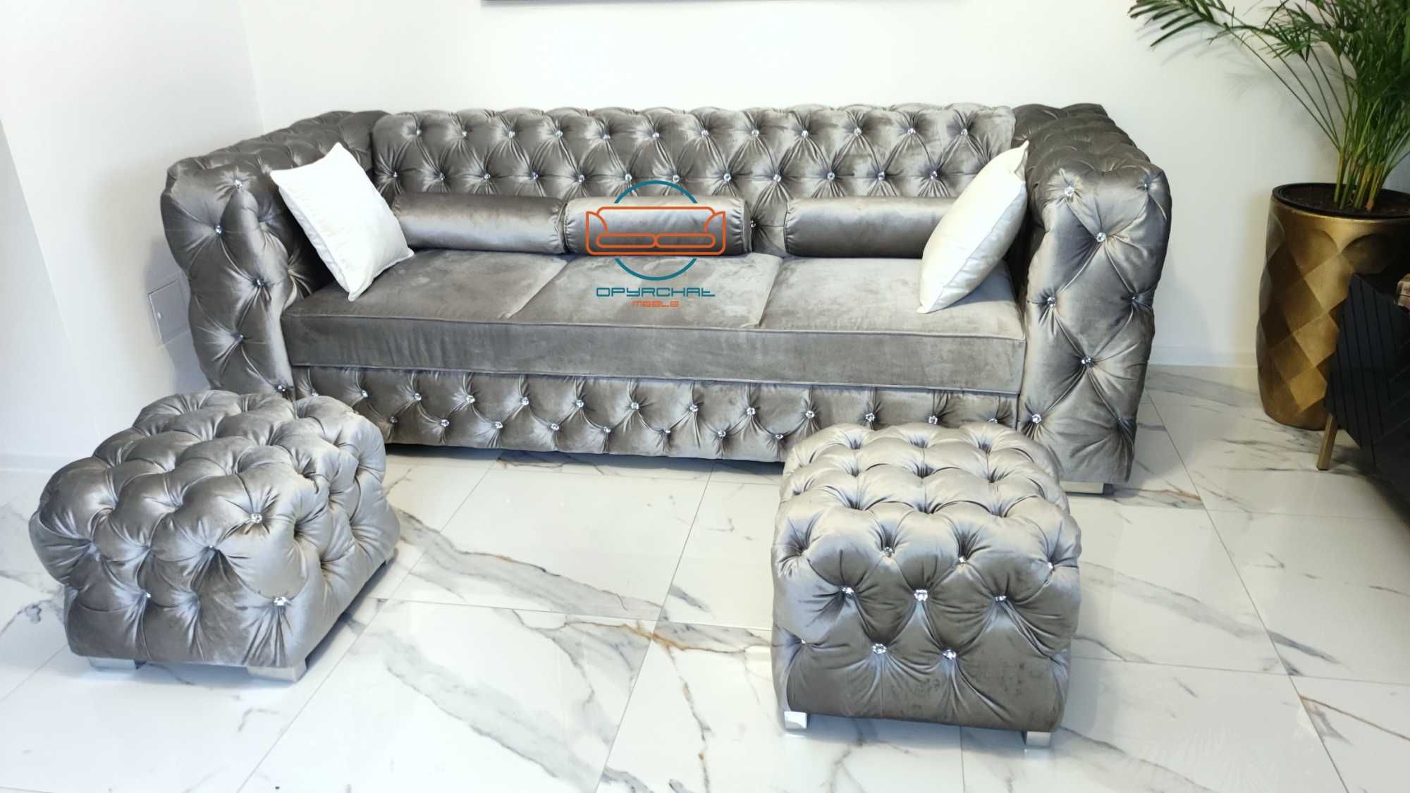 Piękny zestaw cheesterfield sofa + 2x pufa funkcja spania NR 4/2023