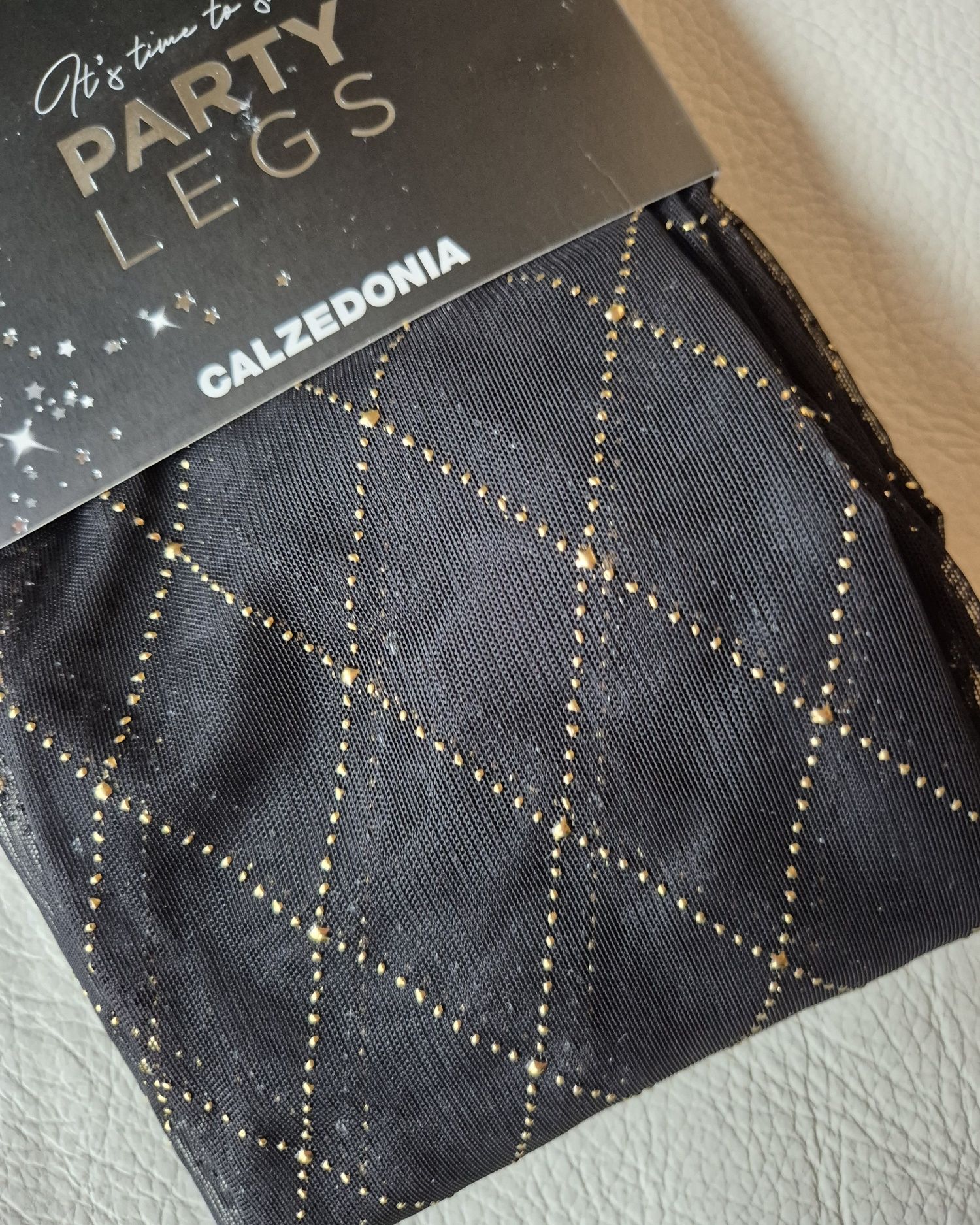 Rajstopy Calzedonia S czarne złote tiulowe shiny party legs romby