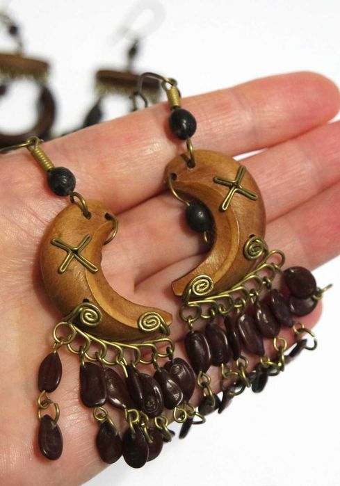 Zestaw kolczyków boho hippie vintage retro drewno pióra