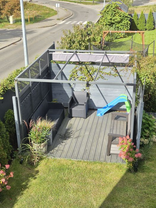 Altana pergola antracyt 3m x 3m z zasłonami, daszek, moskitiera, podło