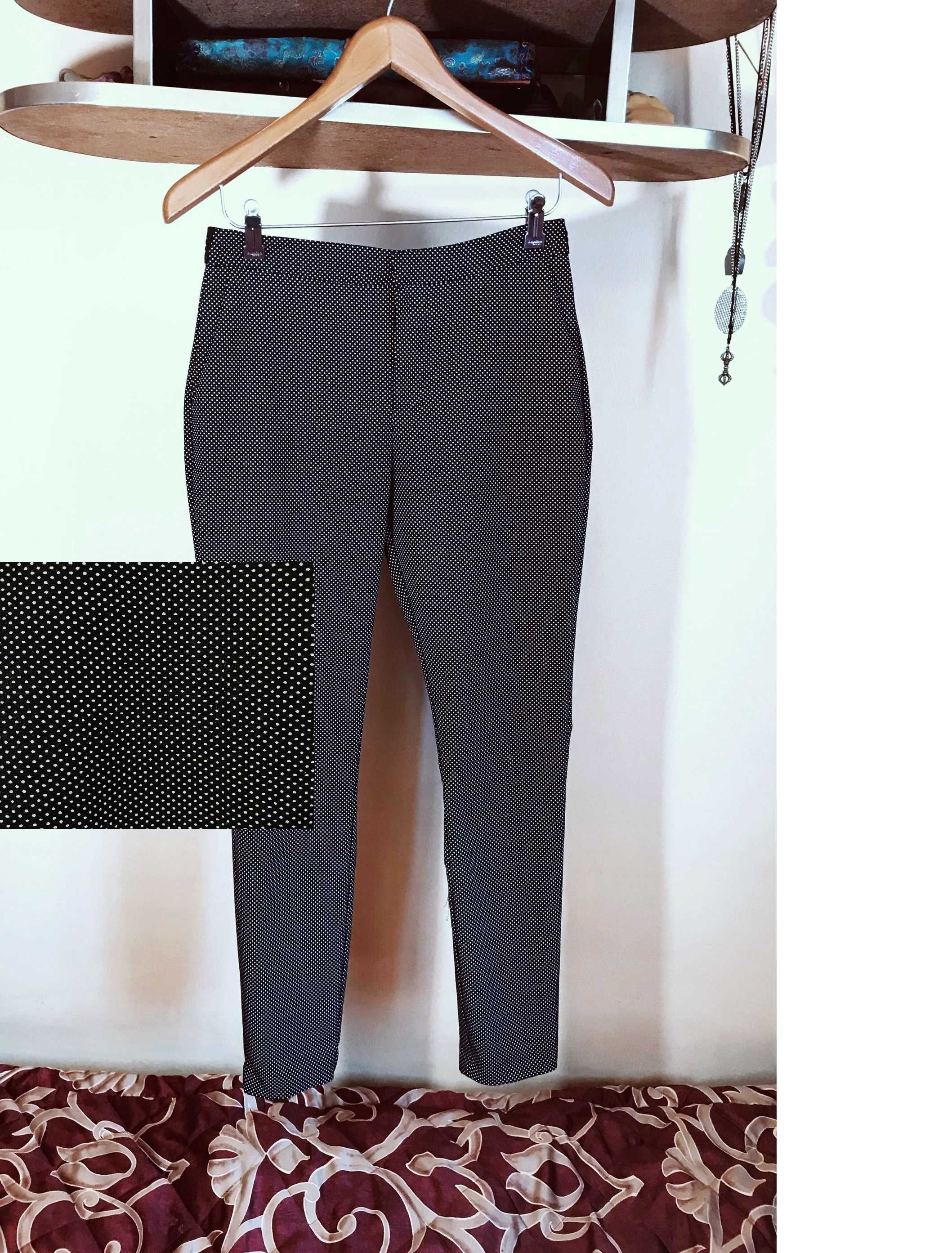 spodnie damskie cygaretki reserved z bawełną czarne białe groszki 36