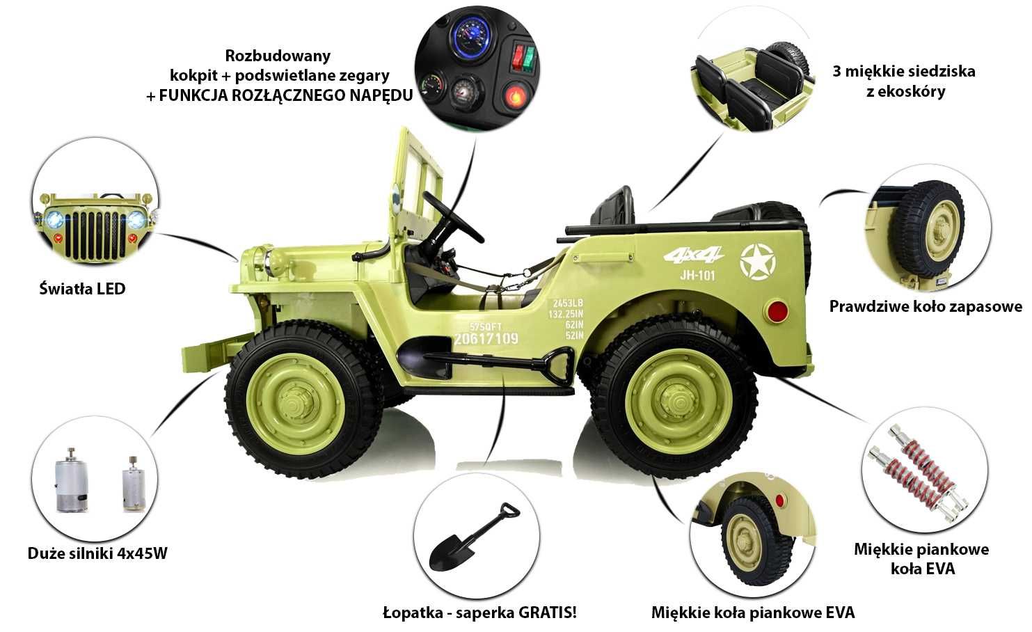 WIELKI JEEP JH101 dla dzieci! Auto wojskowe na akumulator 3osobowe