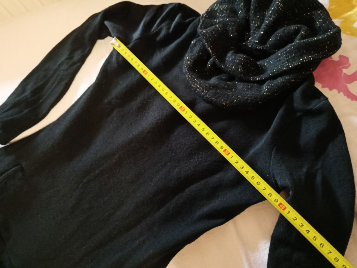 Czarny sweter sweterek kardigan tunika zluta nitka falbanki 42 XL