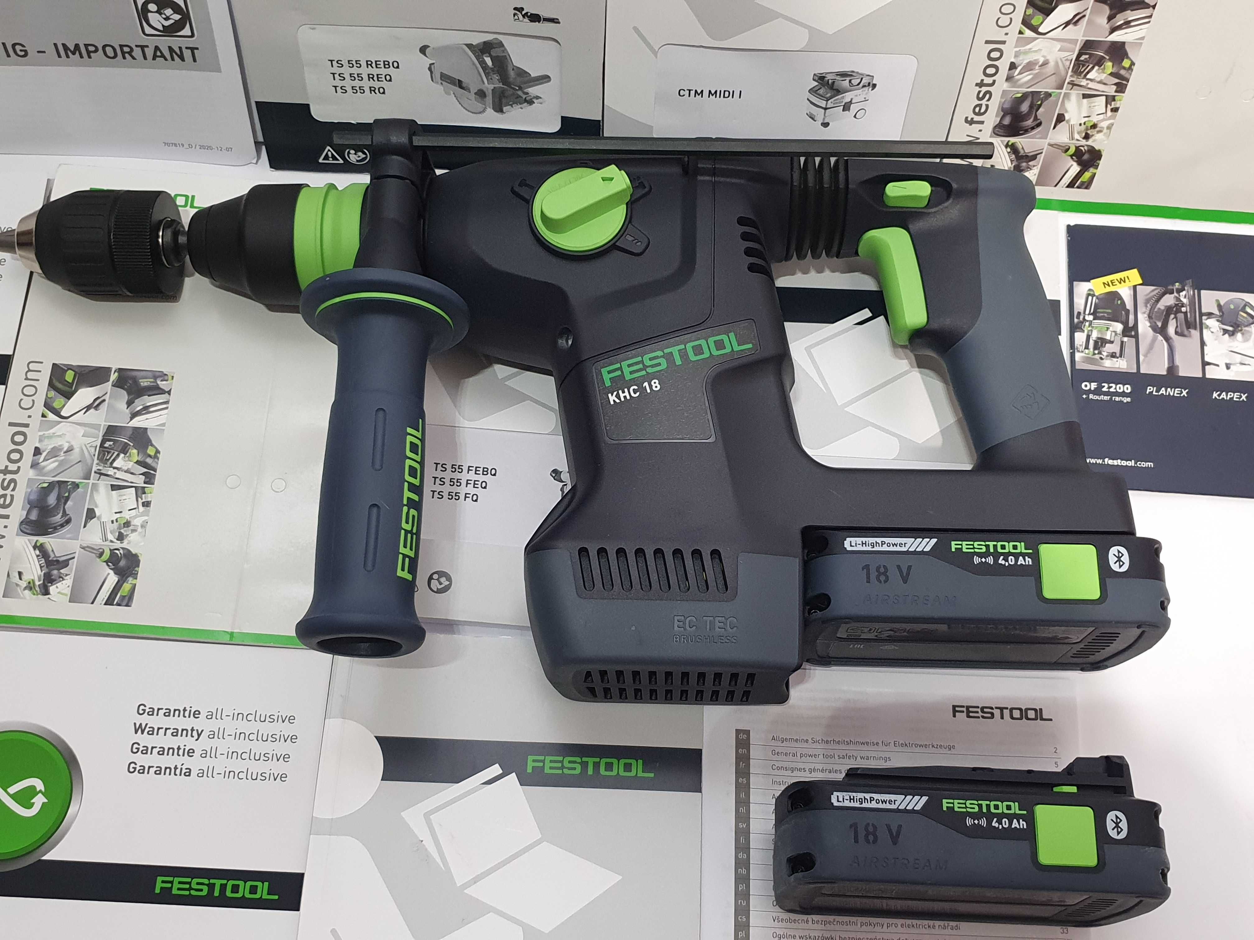 Duży zestaw młotowiertarka FESTOOL KHC 18-2szt bateria 18v 4ah-adapter