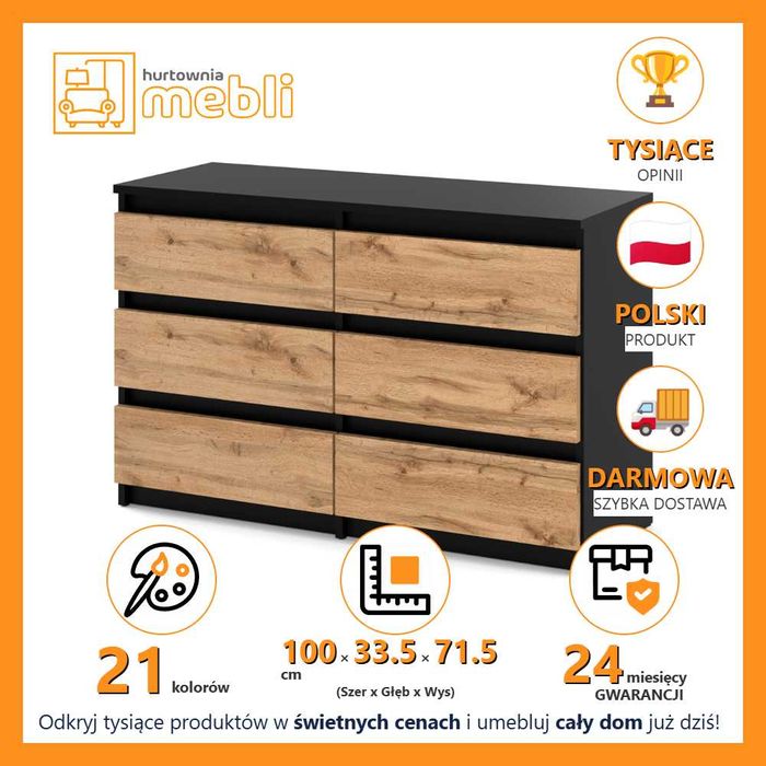 Pojemna Szafka 6 Szuflad Komoda Do Sypialni Oraz Salonu 100cm Duża