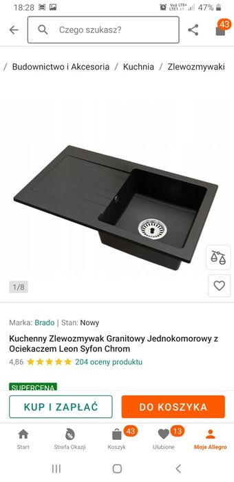Kuchenny zlewozmywak jrdnokomorowy granitowy Leon