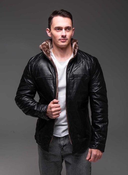 Зимова чоловіча шкіряна куртка на хутрі