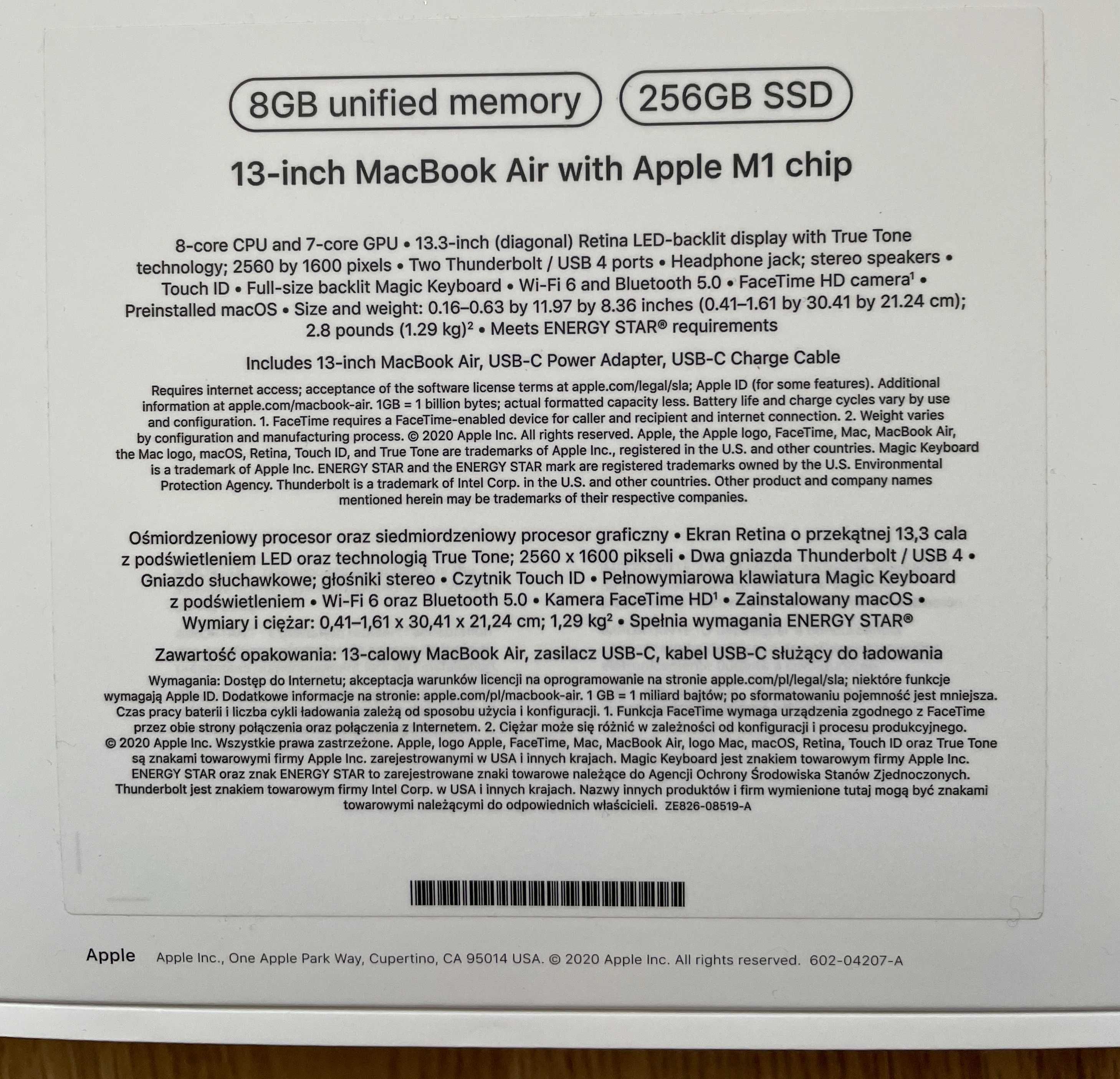 Macbook Air M1 13,3 " Apple M 8 GB / 256 GB (100% 6 CYKLI ! jak nowy)