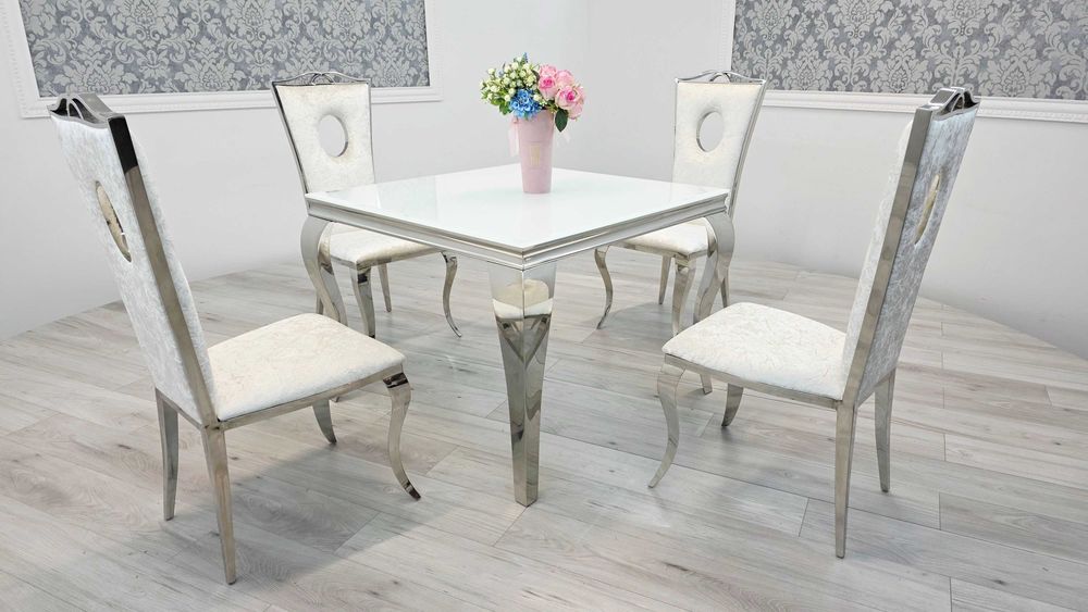 Jadalnia Glamour – Stół Ludwik 100x100 + 4 Krzesła Viktoria