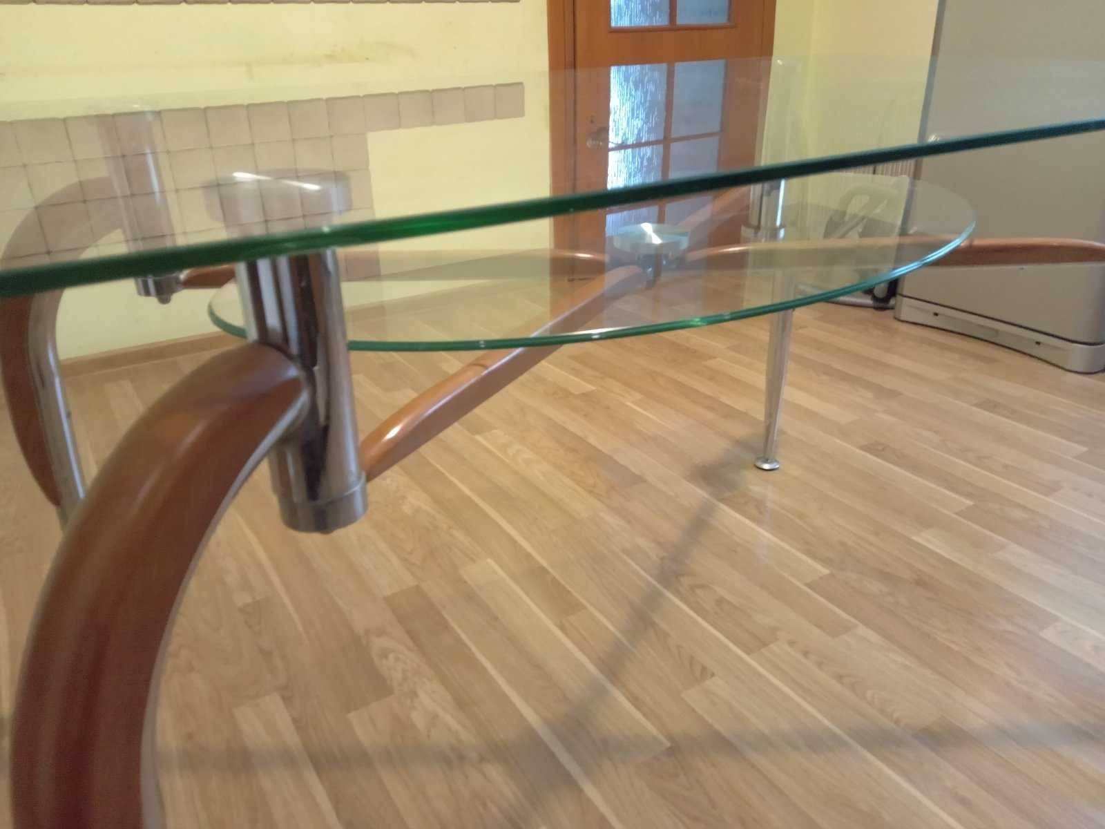 Stół szklany 135x80 nogi chrom, wstawki lite drewno