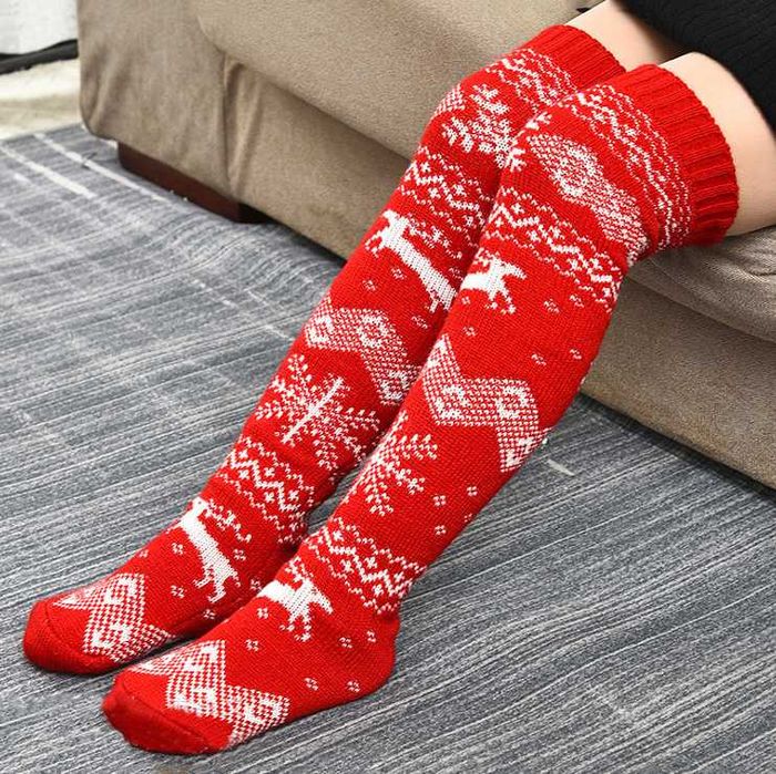Гольфи новорічні з оленями гетри теплі червоні панчохи білі заколінки