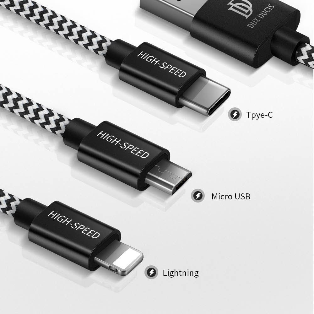 Kabel Nylonowy 3W1 Usb - Micro Usb / Lightning / Usb-C 2.4A 1,2M