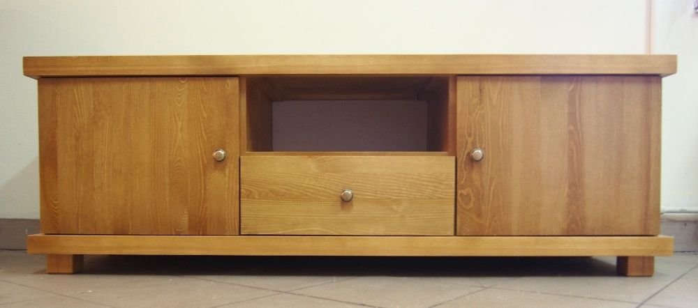 Szafka RTV Bella2 - drewno sosnowe, kolor złoty dąb - pogrubiane blaty