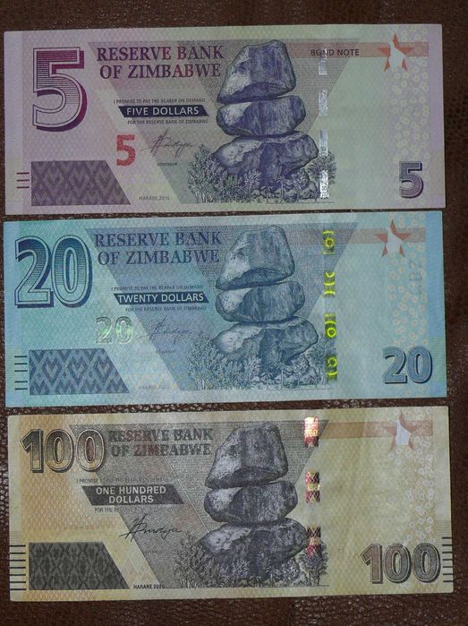 Banknoty 5, 20, 100 dolarów Zimbabwe 2016 do 2020