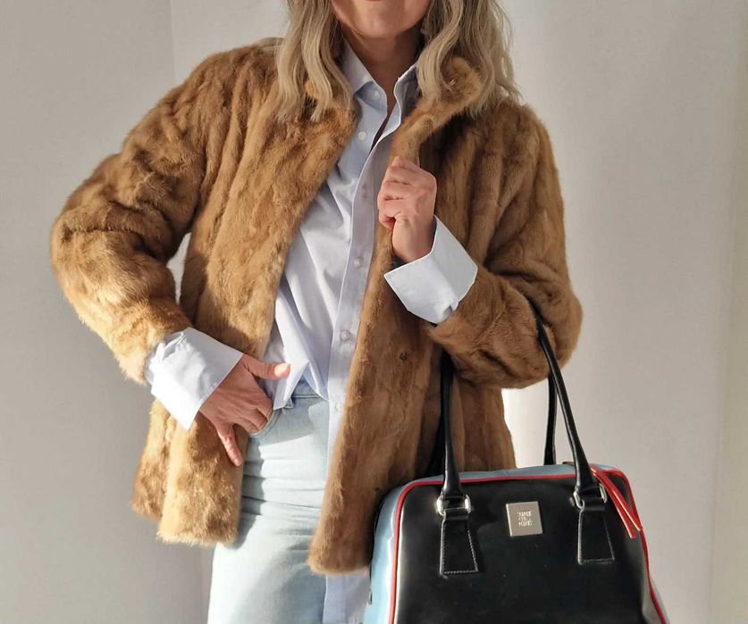 M 38 L 40 Beżowa Naturalna Kurtka z Norek Miękka Lekka M/L