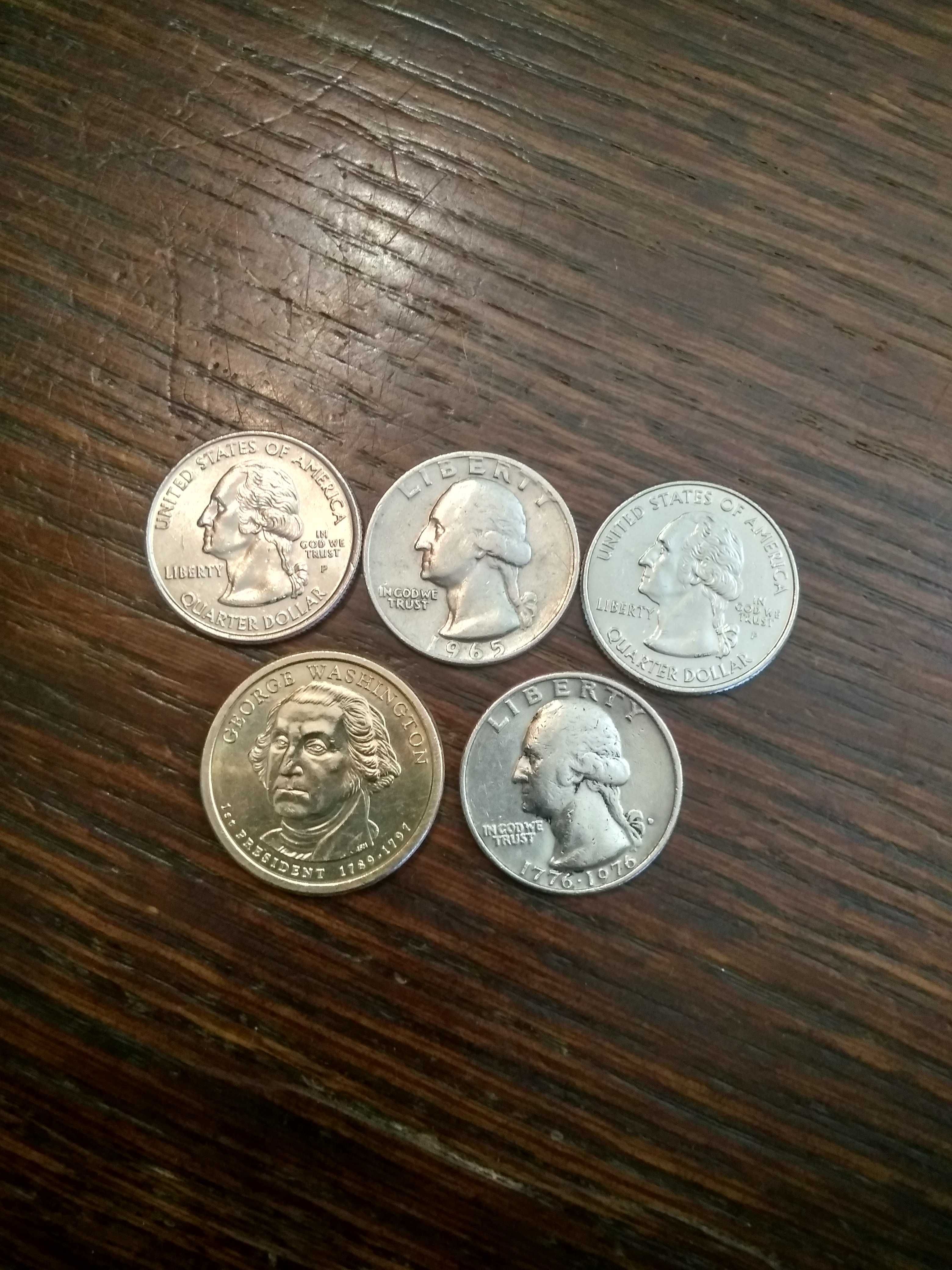 Монеты USA (1$ , 0.25$) и канадских цент.