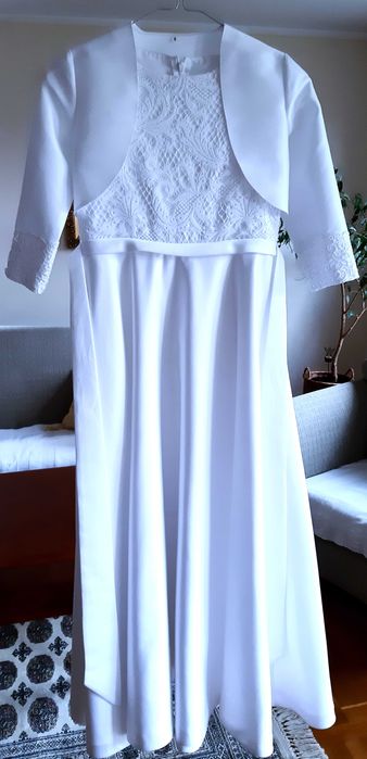 SKROMNA SUKIENKA KOMUNIJNA+bolerko+pelerynka+wianek+torebka