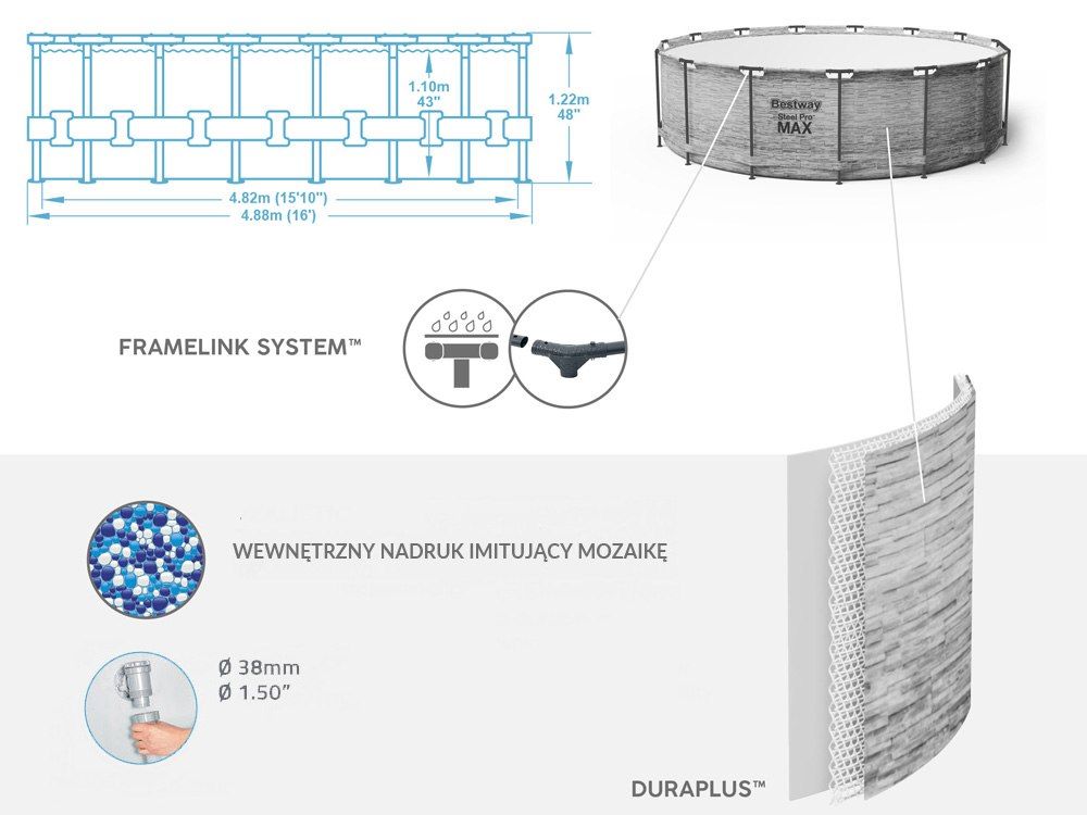 Bestway Basen stelażowy 488x122 kamień 10w1 5619E