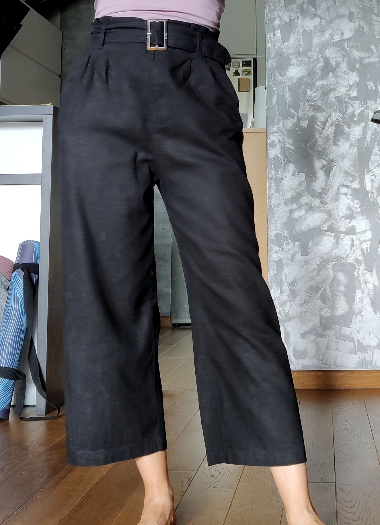 Czarne szerokie spodnie lniane r. 36 wysoki stan
