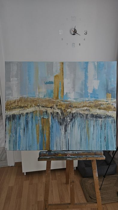 Картина 120х60, абстракция, закат, поталь, золото, холст, акрил