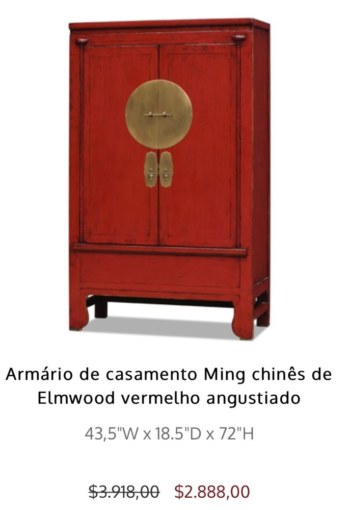 Armário móvel Ming chinês lacado vermelho antigo oriental