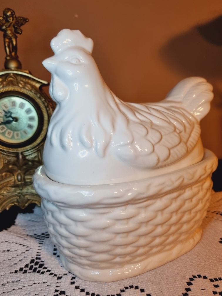 Porcelanowa kura bombonierka otwierana vintage