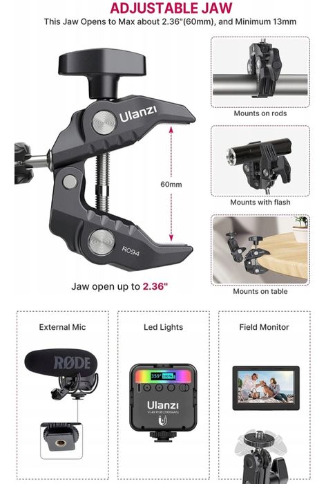Ulanzi uchwyt mocowania kamery 360 stopniu Magic arm spinacz nowy
