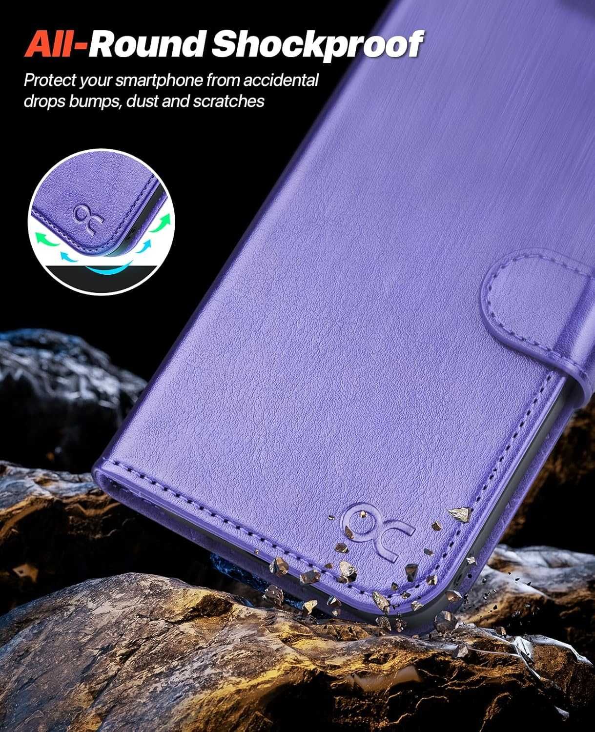 Ocase etui skórzane z klapką iPhone 15 magsafe stojak fiolet RFID 2w1