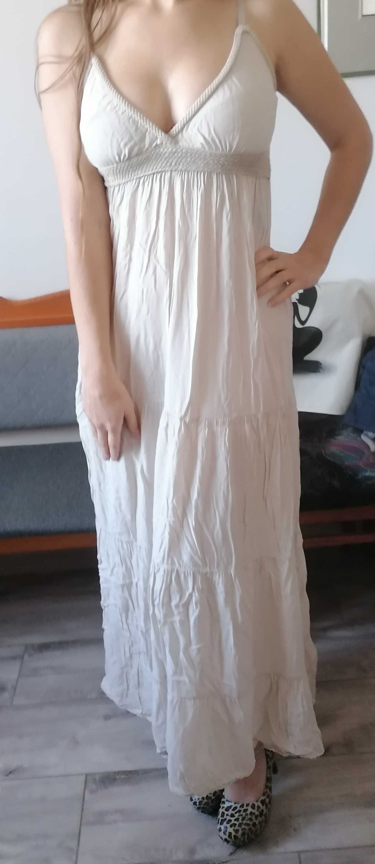 Wyjątkowa suknia sukienka S / M beżowa długa
